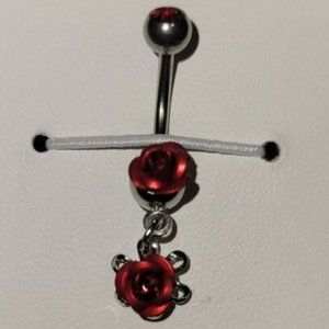 Double Metal Rose (NSQ-0292) Belly Button Navel Ring w/ Gem Ball - Red